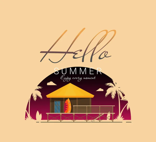 Sommerferien Vektor Illustration Flach Bungalow Hallo Sommerkarte — Stockvektor