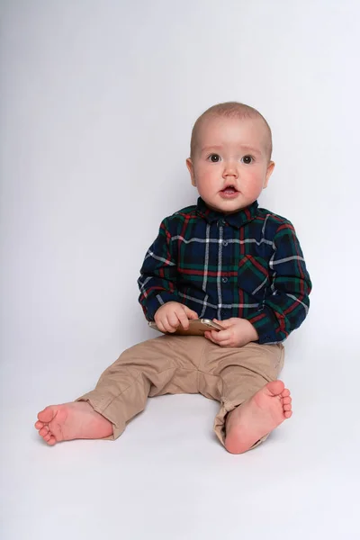 Small Boy Smiling Holding Smartphone White Background — Stock Photo, Image