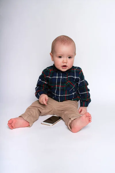 Small Boy Smiling Holding Smartphone White Background — Stock Photo, Image