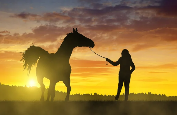 Flicka med en häst — Stockfoto