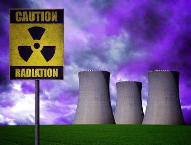 Radyoaktivite uyarı simgesi olan nükleer enerji santrali