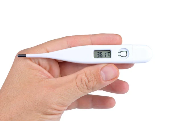 Menschliche Hand hält elektrisches digitales Thermometer — Stockfoto