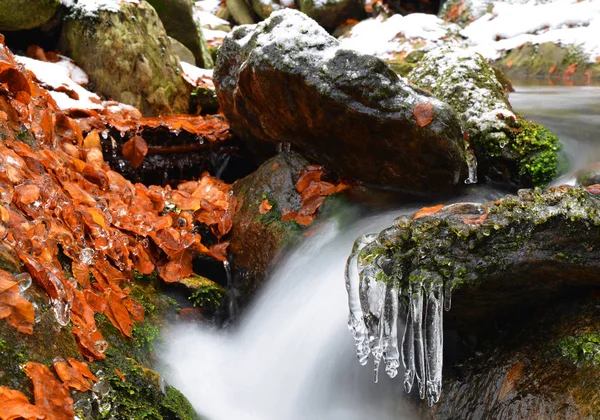 Creek de inverno com icicles — Fotografia de Stock