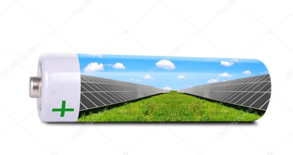 Battery with solar panels isolated on white background. 