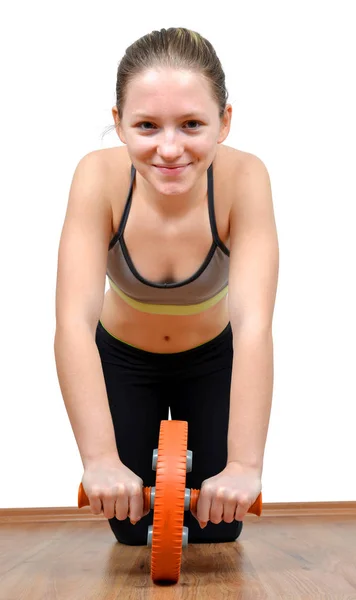 Mädchen beim Training Fitness Aerobic auf weißem Hintergrund. — Stockfoto