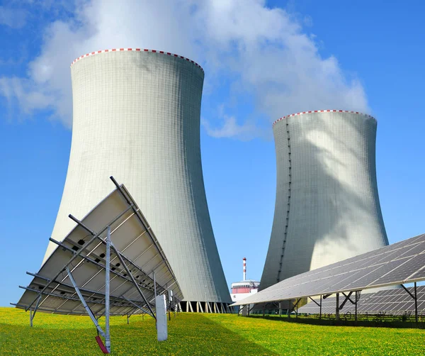 Solar panels and nuclear power plant. — Stock Photo, Image