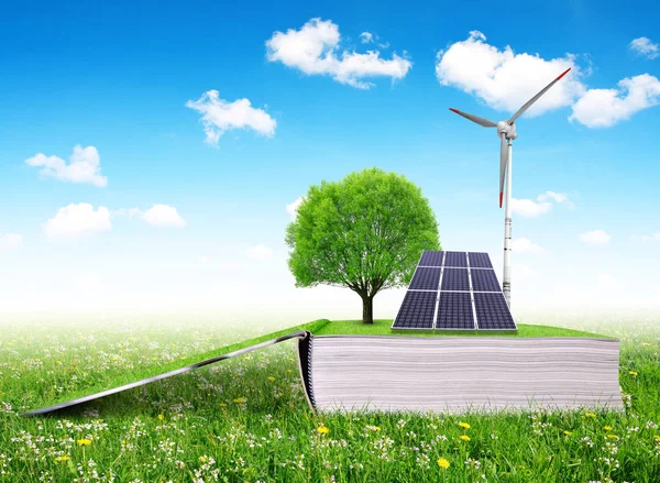Livro ecológico aberto com painel solar e turbina eólica — Fotografia de Stock
