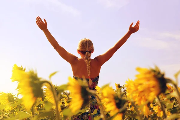 Vacker flicka i fältet solros. — Stockfoto