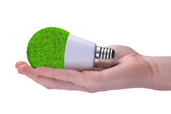 Hand holding eco LED bulb isolated on white background. — Stock Photo, Image