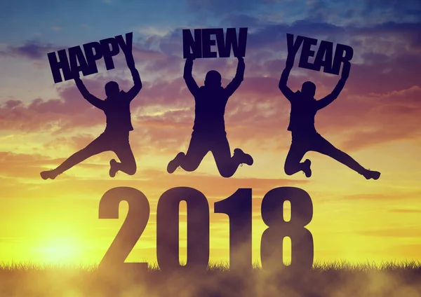 Silueta Una Niña Salta Mientras Celebra Año Nuevo 2018 — Foto de Stock