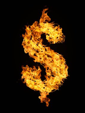 Dolar işareti siyah arka plan üzerine izole alev ateş etmek--dan.