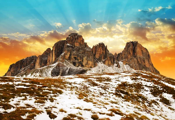 Gruppo Montuoso Sassolungo Langkofel Tramonto Bellissimo Paesaggio Nelle Dolomiti Provincia — Foto Stock