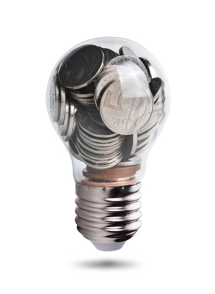 Glödlampa Med Många Mynt Isolerad Vit Bakgrund — Stockfoto