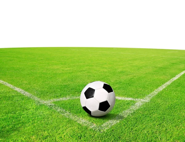 Футбольный Мяч Зеленой Траве Копировальным Местом Заднем Плане — стоковое фото