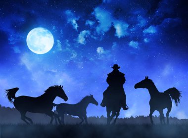 Siluet kovboy zekâ atlar gece gökyüzüne moon ile.