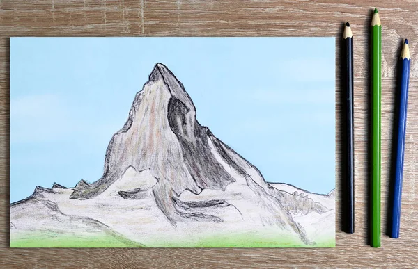 Ručně Kreslenou Hory Matterhorn Papíru Tužky Stole — Stock fotografie
