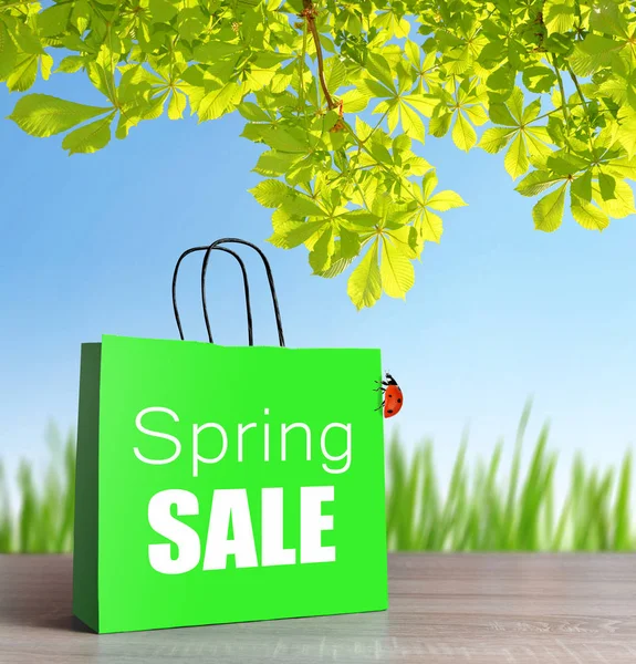 Green Shopping Bag Spring Sale Word Table — Stock Photo, Image