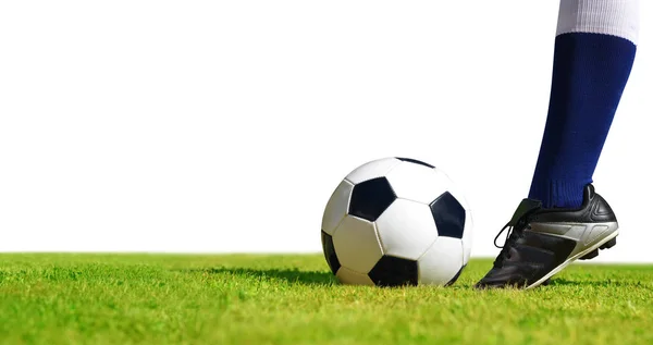 Soccer Ball Feet Player Football Field White Background — Stock Photo, Image