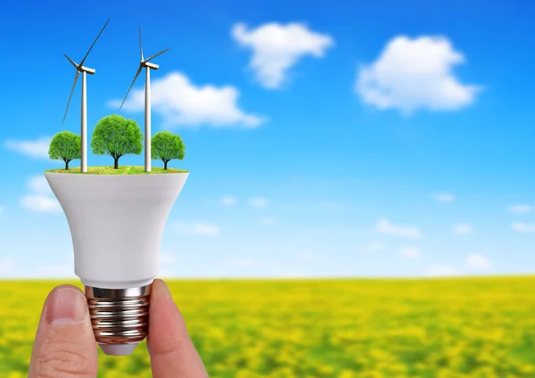 Lâmpada Led Com Turbinas Eólicas Mão Conceito Energia Verde — Fotografia de Stock