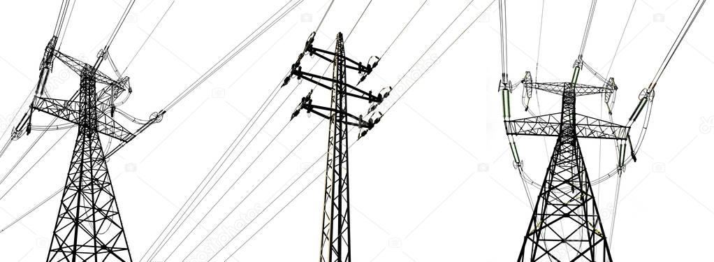 High voltage electricity towers isolated on a white background.