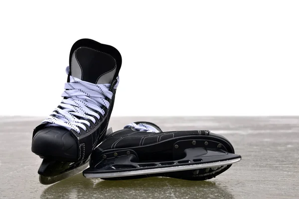 Black Hockey Skates Ice Rink Copy Space — Stock Photo, Image