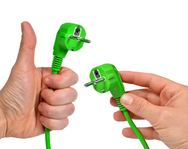 Hand Holding Green Electric Plug Isolated White Background — Stock Photo, Image