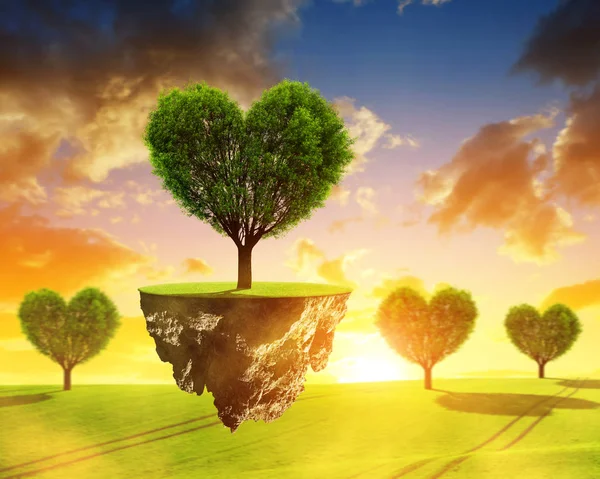 Pequena Ilha Com Árvore Coração Forma Pôr Sol — Fotografia de Stock