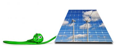 Türbinleri yansıma beyaz bir arka plan üzerinde izole yeşil elektrik fiş ile güneş paneli Rüzgar. Temiz enerji kavramı.