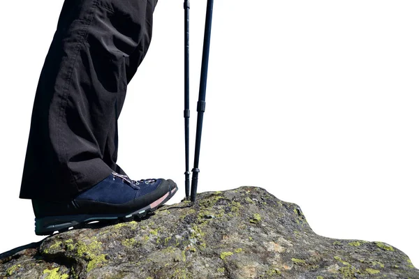 Nordic Walking Stöcke Und Beine Eines Bergwanderers Mit Wanderschuhen Auf — Stockfoto