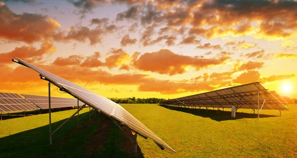 Solar panels at sunset. Power plant using renewable energy. Sustainable resources.