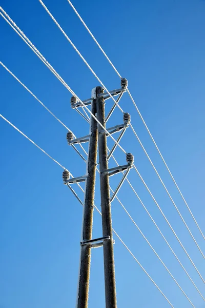 Frozen Electric Pylon Transmission Tower Blue Sky Background — Stock Photo, Image