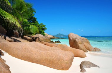 Anse Şiddetli Sahili, Hint Okyanusu, Seyşeller 'deki La Digue tropikal adasının kıyısında büyük granit taşlar..