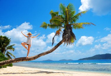 Hindistan cevizi palmiyesinde yoga yapan bir kadın. La Digue Adası, Seyşeller 'deki tropik plaj.