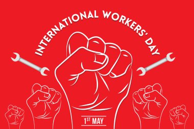 1 Mayıs İşçi için gün ile insan yumruk yükselen ve mekanik tuşları kırmızı arka plan afiş