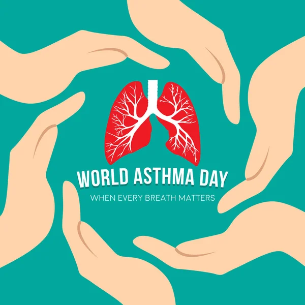 Cartaz Dia Mundial Asma Com Mãos Humanas Protegendo Pulmões Vermelhos — Vetor de Stock