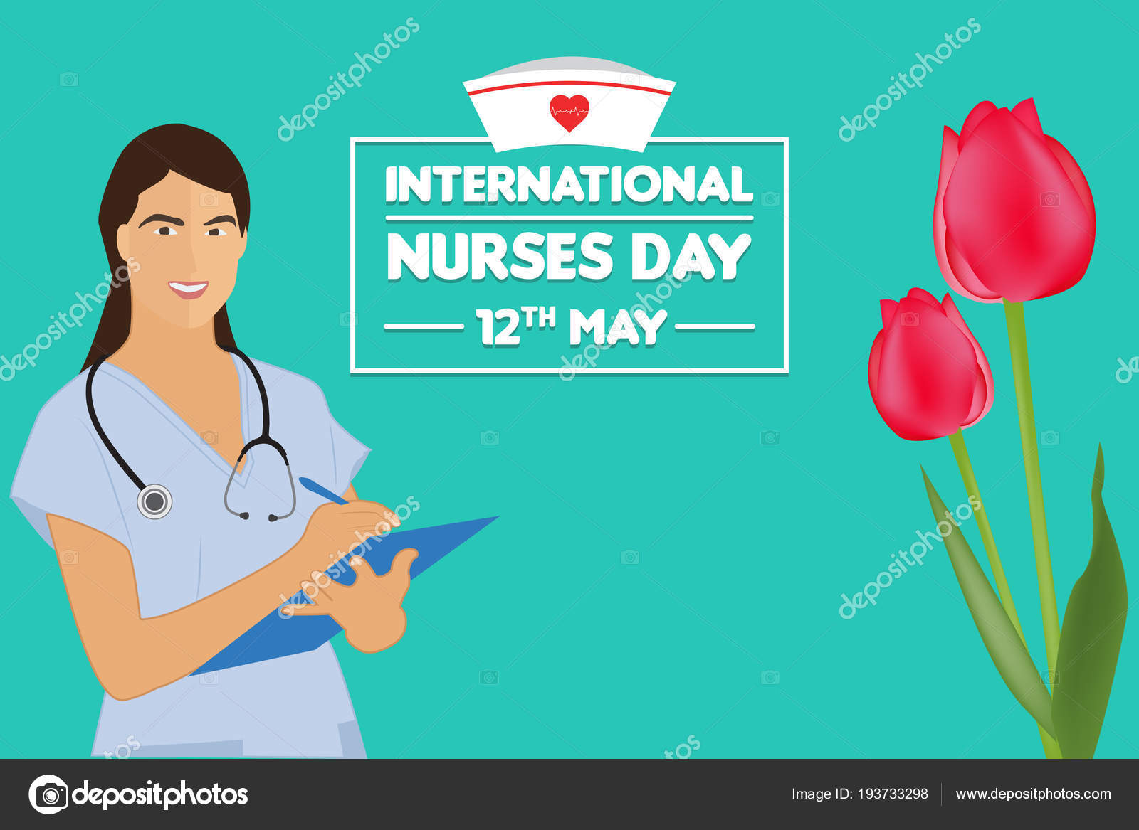 International Nurses Day Poster Nurse Writing Notes Cap Stethoscope Tulips Vector Image By C Satheeshsankaran Vector Stock 193733298