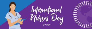 International Nurses Day poster with nurse writing notes, lettering and circle made of people on blue and purple background clipart