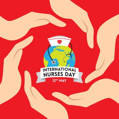 International Nurses Day poster with human hands holding Earth globe with cap and stethoscope on red background clipart