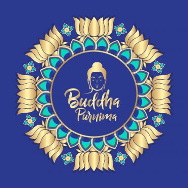 Buddha Purnima banner tasarımı içinde altın ve mavi forma