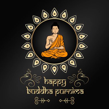 Siyah arka plan üzerine yazı ile mandala Buda oturan ile mutlu Buddha Purnima afiş