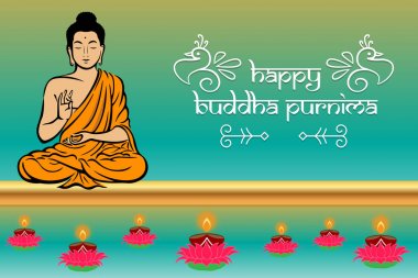 Buddha ve lambalar, yeşil arka plan üzerinde yazı ile mutlu Buddha Purnima afiş