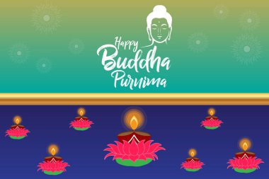 Buda yüz ve lambaları yeşil ve mavi arka plan ile mutlu Buddha Purnima banner