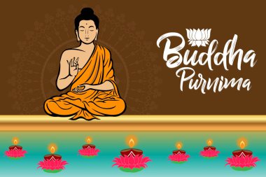 Oturan Buddha ve lambalar, kahverengi ve mavi arka plan üzerinde yazı ile mutlu Buddha Purnima afiş