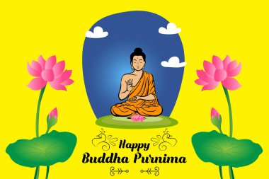Buda, nilüferler ve parlak sarı zemin üzerine yazı ile mutlu Buddha Purnima banner