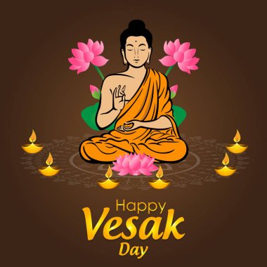 Mandala, yazı, yanan lambalar ve kahverengi zemin üzerine pembe nilüferler Buda oturan ile Vesak Günü poster