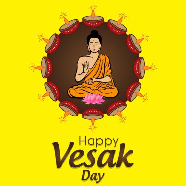 Buda Sarı zemin üzerine lambaları yanan ile kahverengi bir dairede oturan ile mutlu Vesak Günü poster
