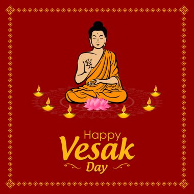 Buda oturan, lambaları yanan ve kırmızı zemin üzerine yazı ile mutlu Vesak Günü poster