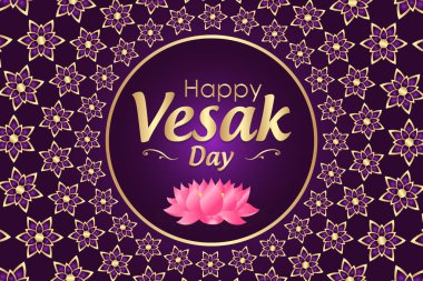 Mutlu Vesak Günü poster ile koyu mor zemin üzerine çiçek süsleme, pembe lotus