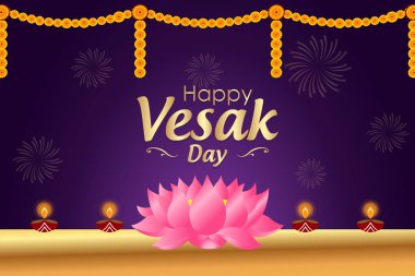 Lapms, pembe lotus ve çelenk koyu mor arka plan üzerinde yanan ile şenlikli Vesak Günü poster