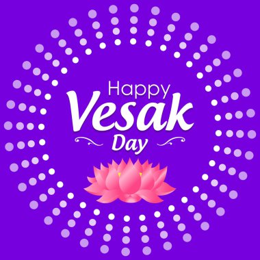 Festival Vesak Günü poster pembe lotus, yazı ve noktalar mor zemin üzerine yapılmış daire